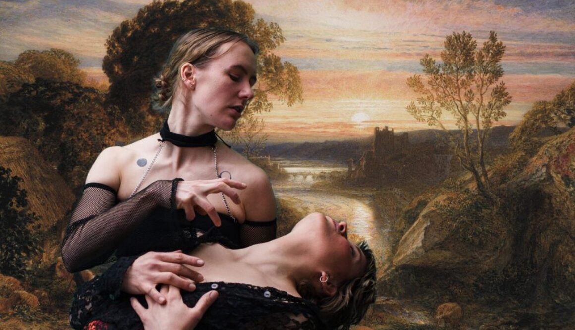 Eine Collage. Zwei Personen im Vordergrund, eine hält die andere, die nach hinten gebeugt ist. die beiden Figuren sind vor einem gemalten romantischen Hintergrund mit Fluss-Landschaft im Sonnenuntergang