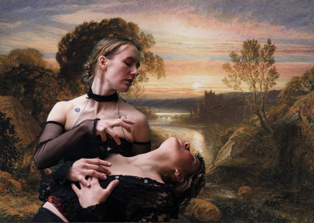 Eine Collage. Zwei Personen im Vordergrund, eine hält die andere, die nach hinten gebeugt ist. die beiden Figuren sind vor einem gemalten romantischen Hintergrund mit Fluss-Landschaft im Sonnenuntergang