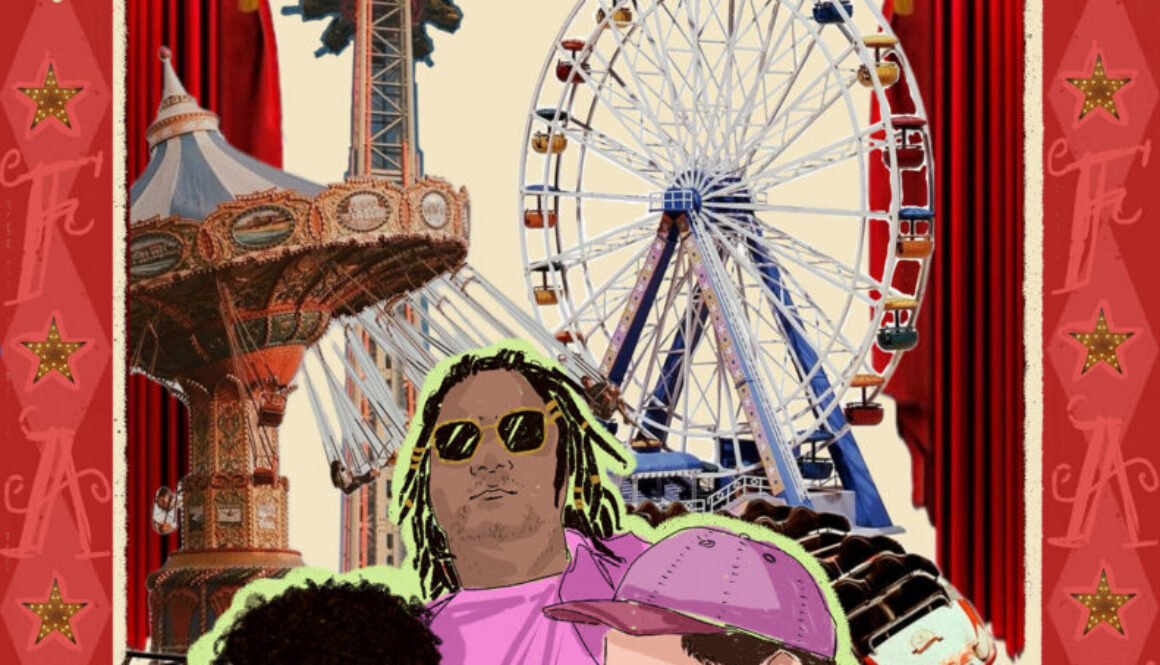 Illustration von drei Personen mit Eis und Zuckerwatte. Im Hintergrund eine Collage mit Achterbahn und Karusell.