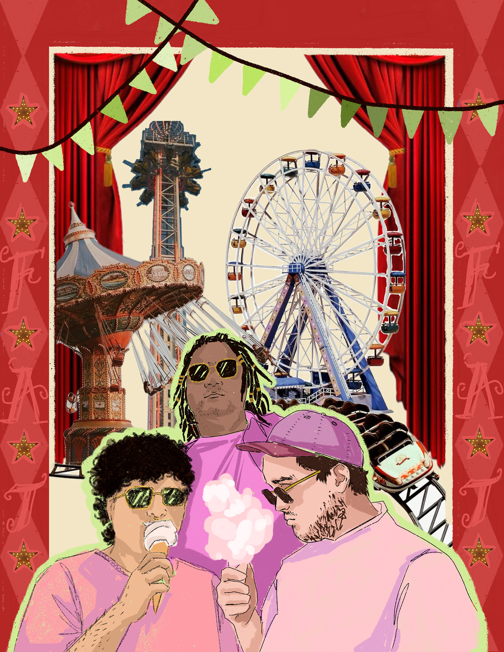 Illustration von drei Personen mit Eis und Zuckerwatte. Im Hintergrund eine Collage mit Achterbahn und Karusell.